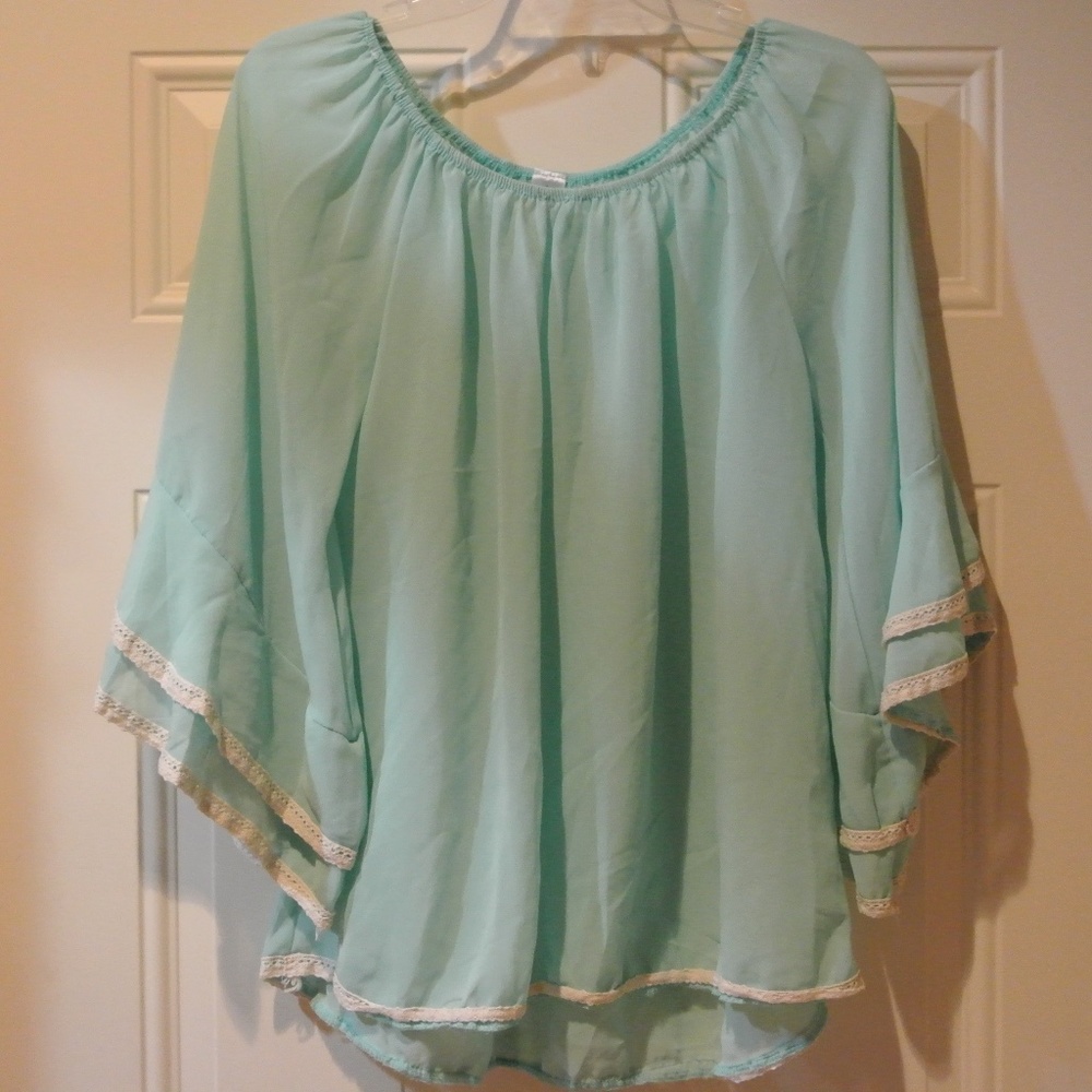 womens light blue and ace trim blouse, medium